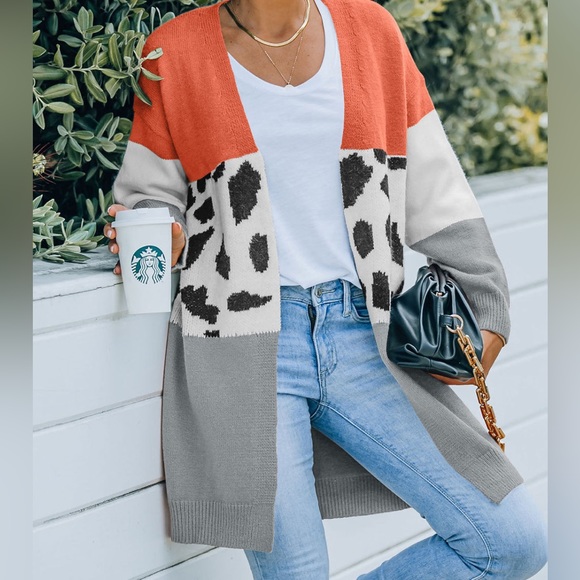 Boutique 9 Sweaters - Boutique cardigan open coral orange animal print oversized soft size medium